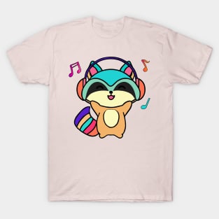 Happy smiling baby raccoon with headphones. Kawaii cartoon T-Shirt